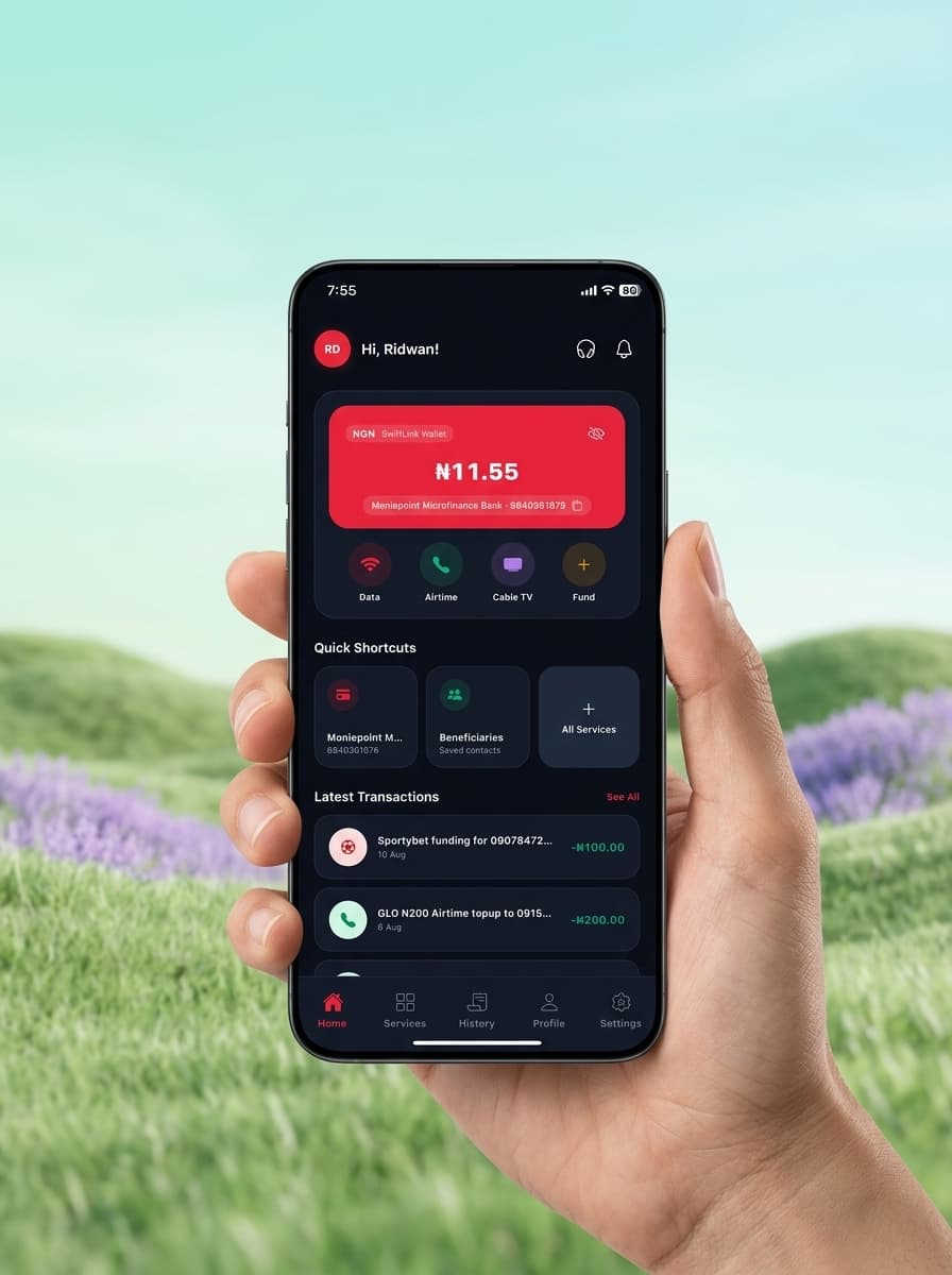 SwiftLink Mobile App Dashboard shown on phone held in hand